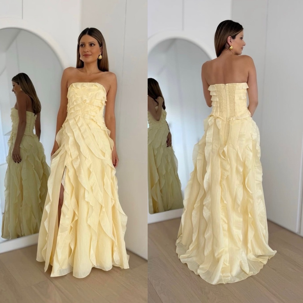 Aje Allaire Strapless Ruffled Shirred Faille Gown Butter Yellow NEW with tag - Picture 9 of 10